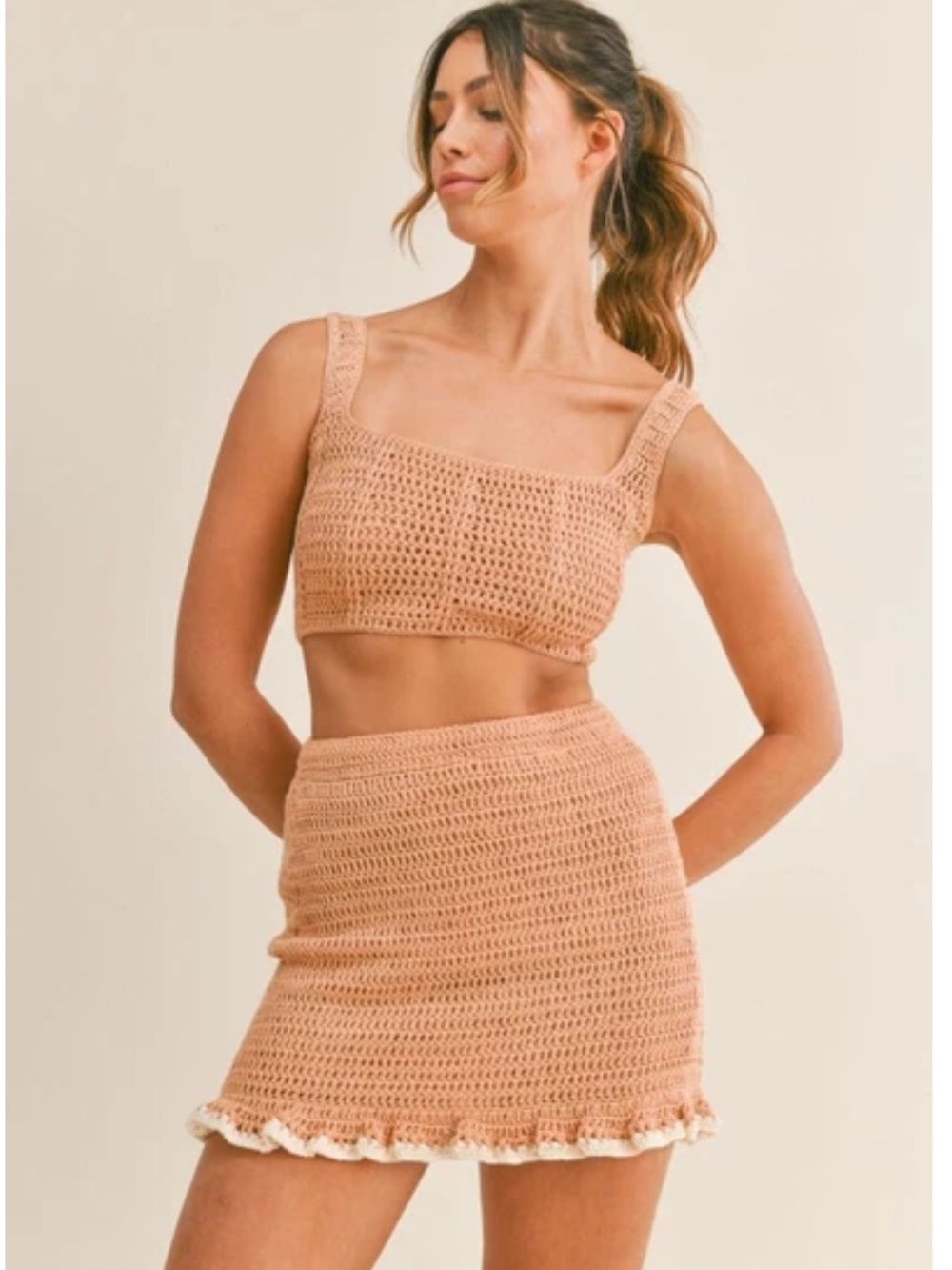 MARBLE Peach Crochet Mini Skirt with Cream Ruffle Trim